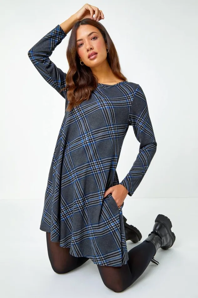 Women Royal Blue Check Print Swing Stretch Dress Roman Dresses