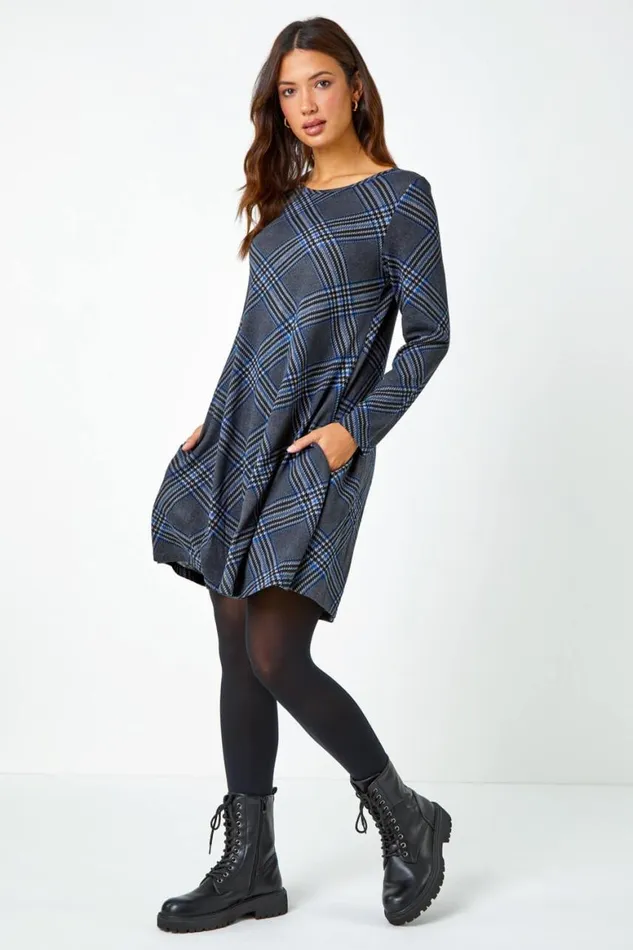 Women Royal Blue Check Print Swing Stretch Dress Roman Dresses