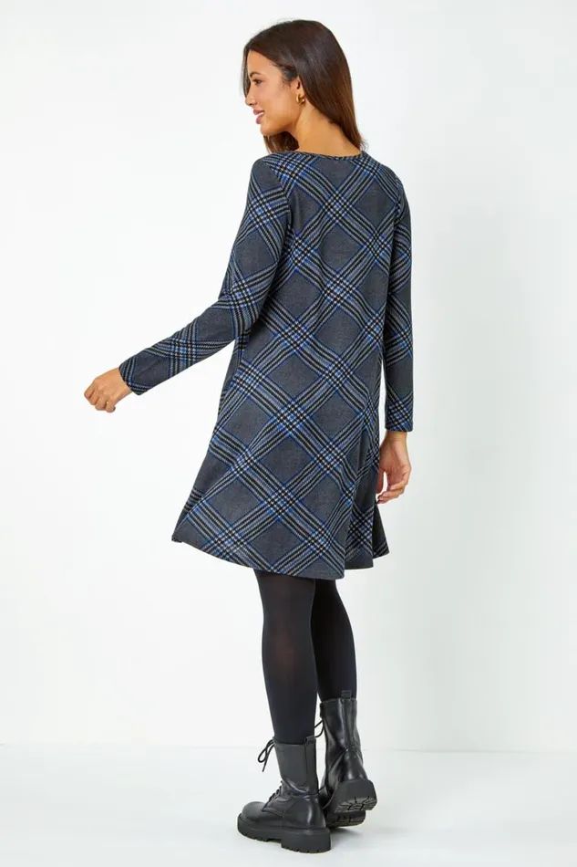 Women Royal Blue Check Print Swing Stretch Dress Roman Dresses