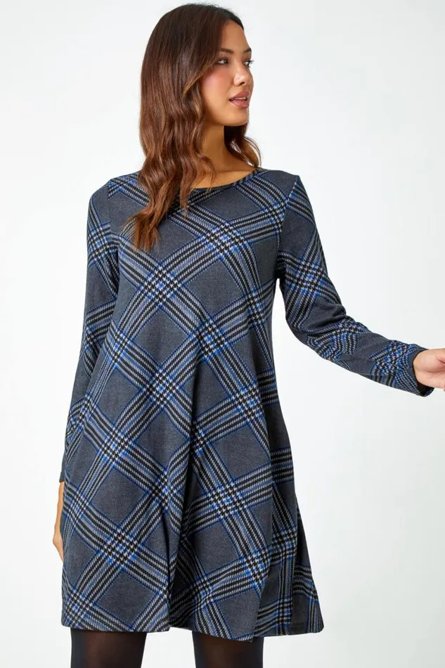 Women Royal Blue Check Print Swing Stretch Dress Roman Dresses