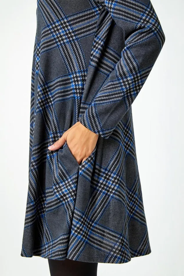 Women Royal Blue Check Print Swing Stretch Dress Roman Dresses