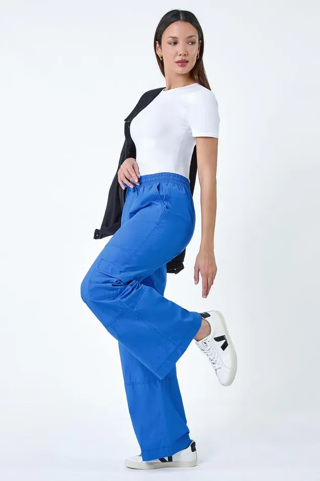Women Royal Blue Cotton Elastic Waist Wide Leg Cargo Trousers Roman Trousers