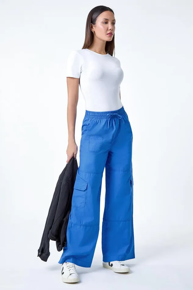 Women Royal Blue Cotton Elastic Waist Wide Leg Cargo Trousers Roman Trousers