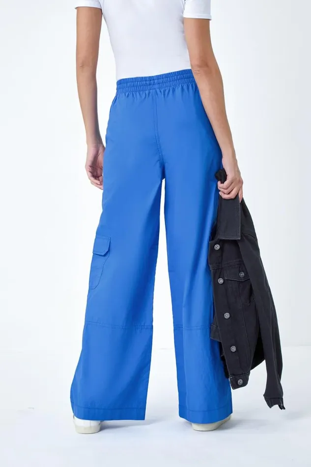 Women Royal Blue Cotton Elastic Waist Wide Leg Cargo Trousers Roman Trousers