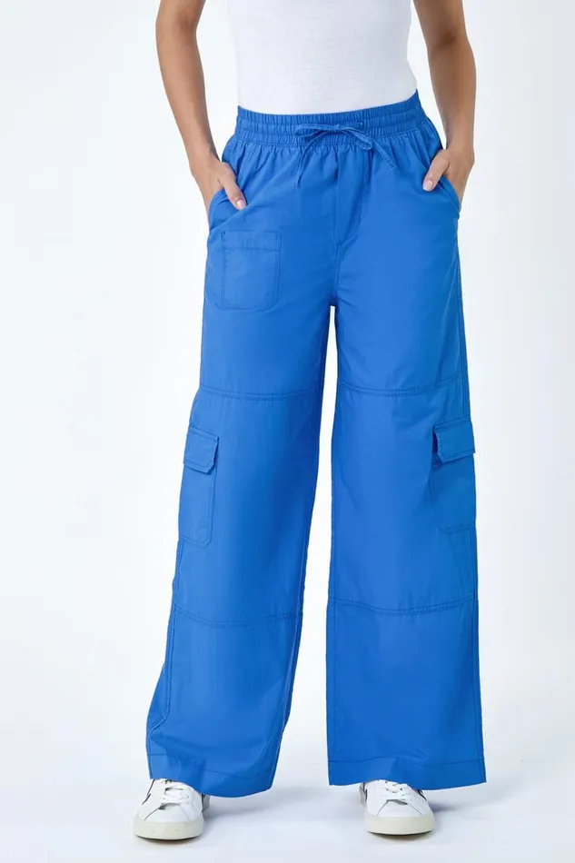 Women Royal Blue Cotton Elastic Waist Wide Leg Cargo Trousers Roman Trousers