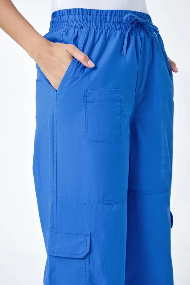 Women Royal Blue Cotton Elastic Waist Wide Leg Cargo Trousers Roman Trousers
