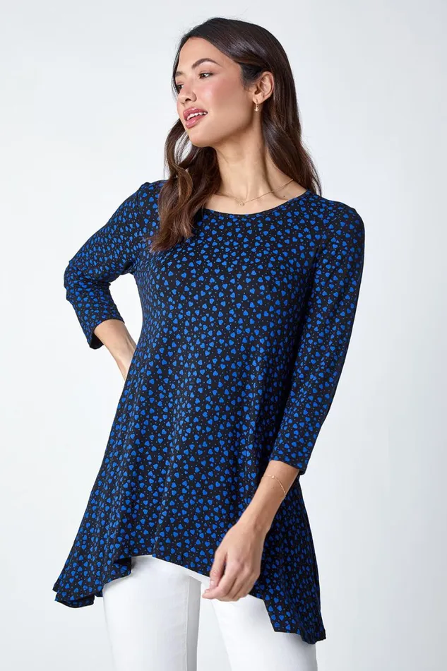 Women Royal Blue Ditsy Heart Stretch Hanky Hem Top Roman Tops