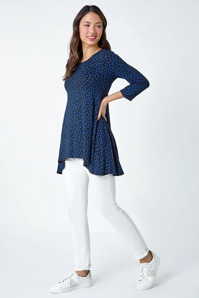 Women Royal Blue Ditsy Heart Stretch Hanky Hem Top Roman Tops