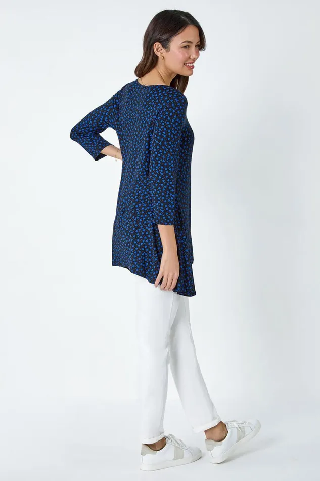 Women Royal Blue Ditsy Heart Stretch Hanky Hem Top Roman Tops