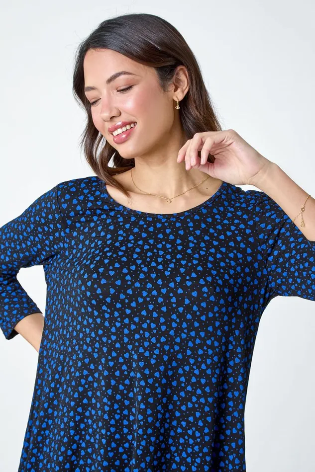 Women Royal Blue Ditsy Heart Stretch Hanky Hem Top Roman Tops