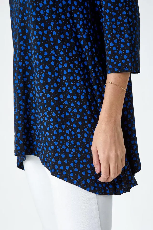 Women Royal Blue Ditsy Heart Stretch Hanky Hem Top Roman Tops