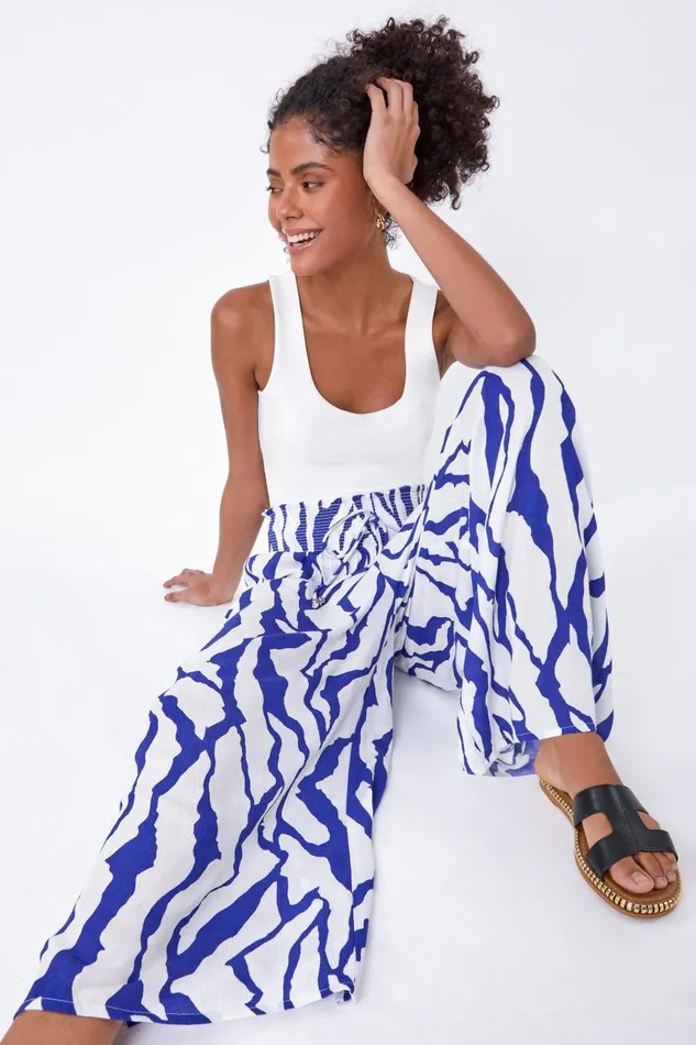 Women Royal Blue Elastic Waist Animal Shirred Wide Leg Trousers Roman Trousers