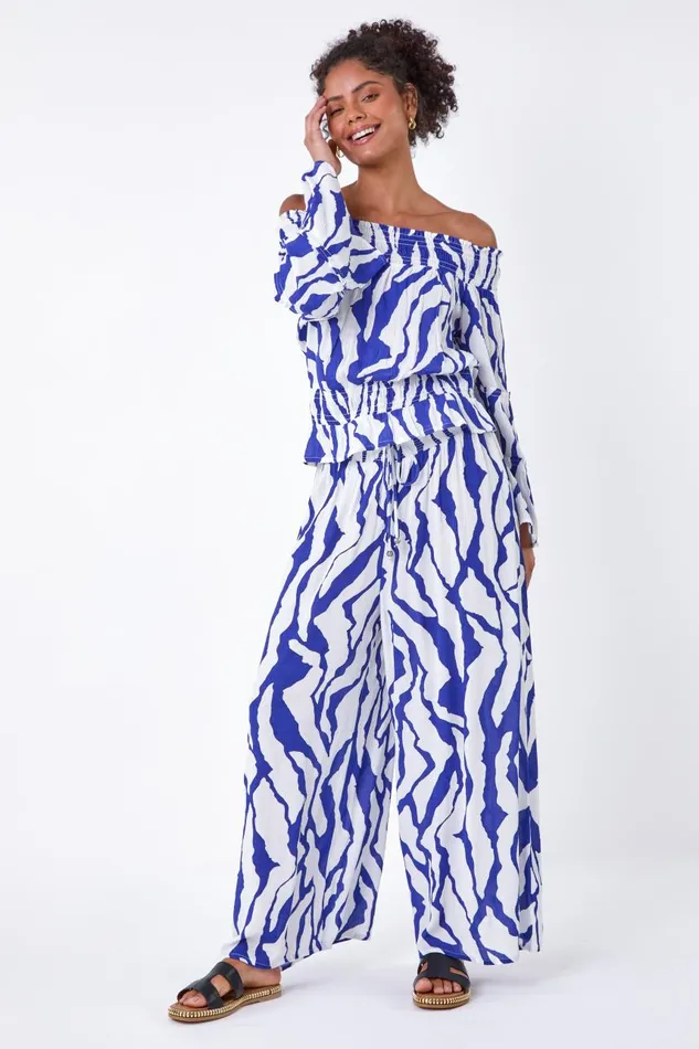 Women Royal Blue Elastic Waist Animal Shirred Wide Leg Trousers Roman Trousers