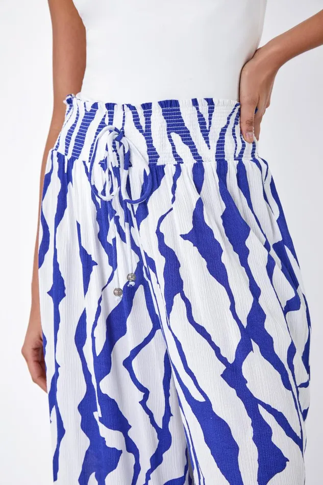 Women Royal Blue Elastic Waist Animal Shirred Wide Leg Trousers Roman Trousers