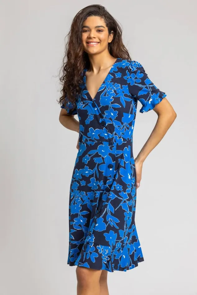 Women Royal Blue Floral Button Stretch Tea Dress Roman Dresses