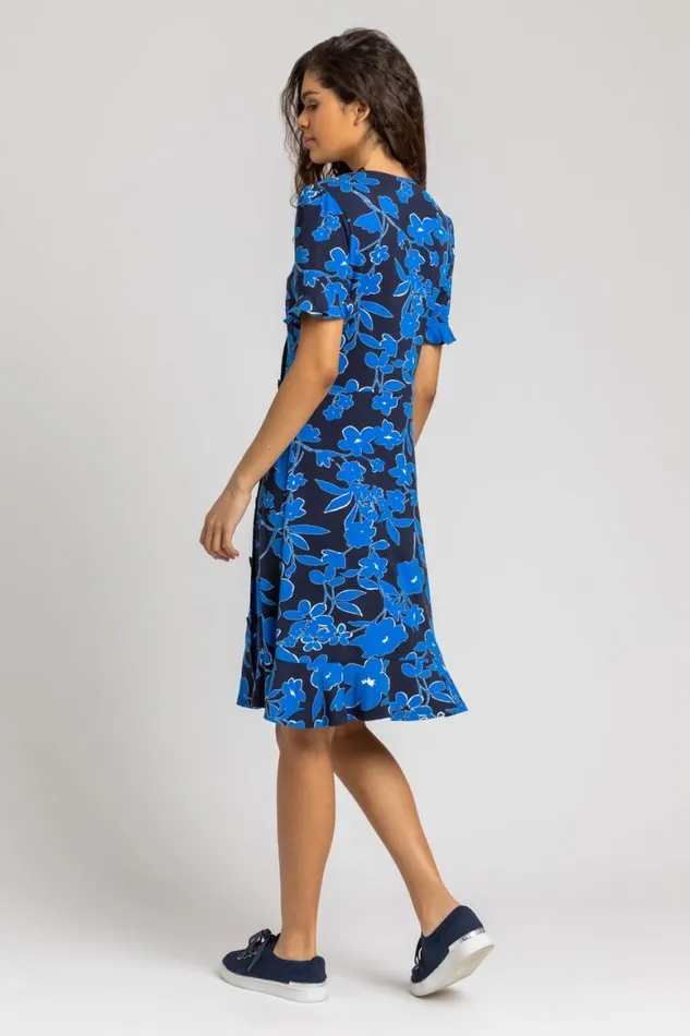 Women Royal Blue Floral Button Stretch Tea Dress Roman Dresses