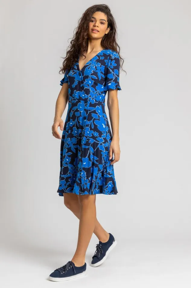 Women Royal Blue Floral Button Stretch Tea Dress Roman Dresses