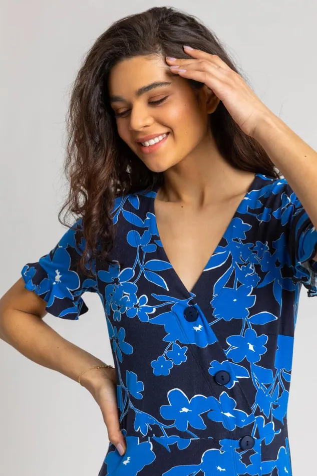 Women Royal Blue Floral Button Stretch Tea Dress Roman Dresses