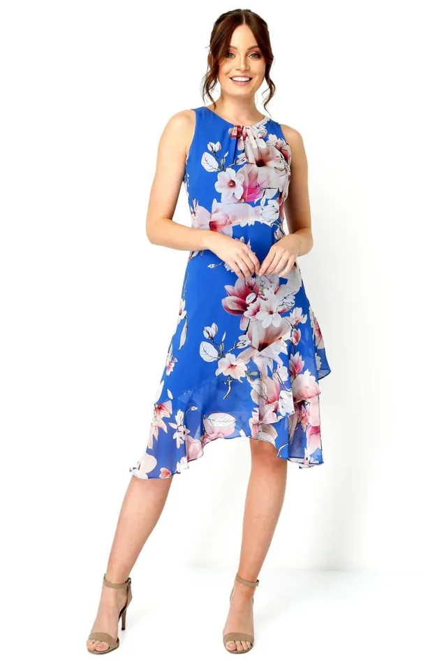 Women Royal Blue Floral Chiffon Hanky Hem Ruffle Dress Roman Dresses