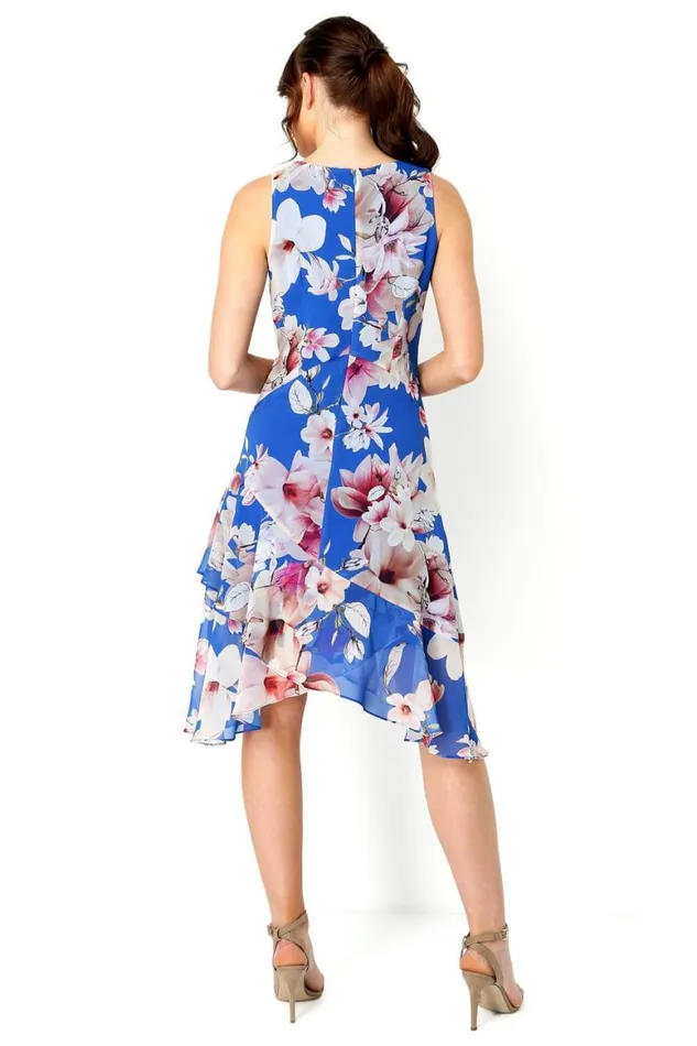 Women Royal Blue Floral Chiffon Hanky Hem Ruffle Dress Roman Dresses
