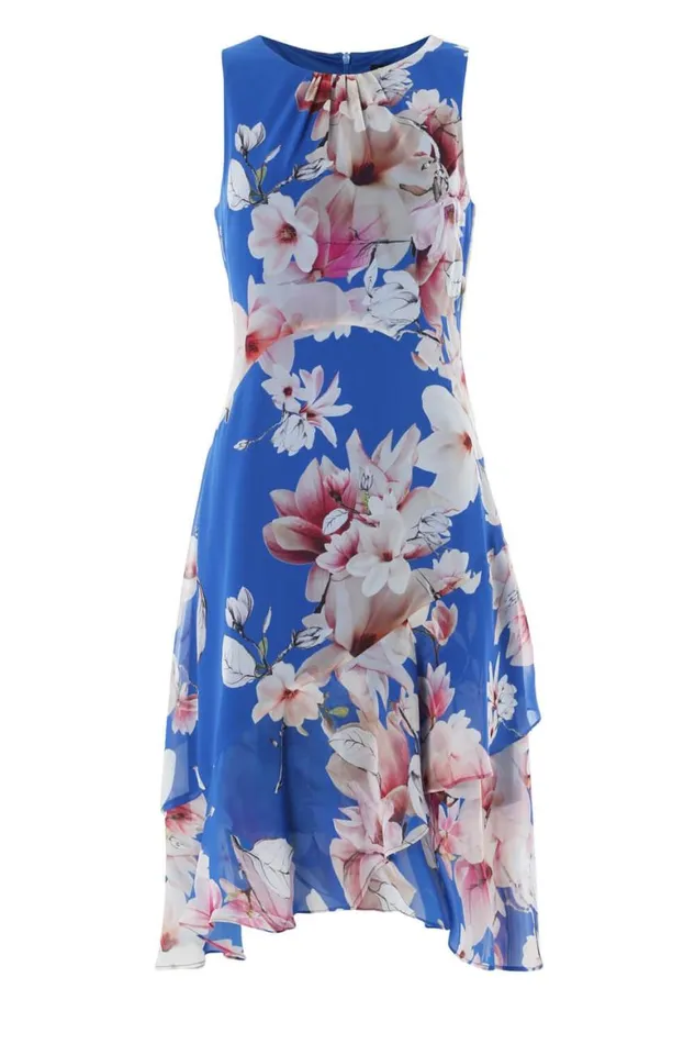 Women Royal Blue Floral Chiffon Hanky Hem Ruffle Dress Roman Dresses