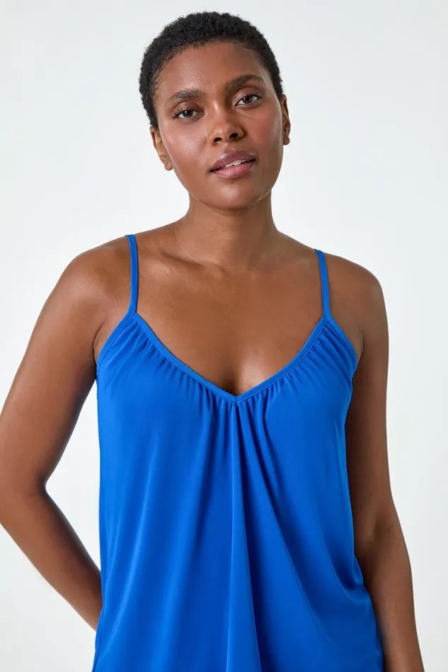 Women Royal Blue Gathered VNeck Stretch Vest Top Roman Tops