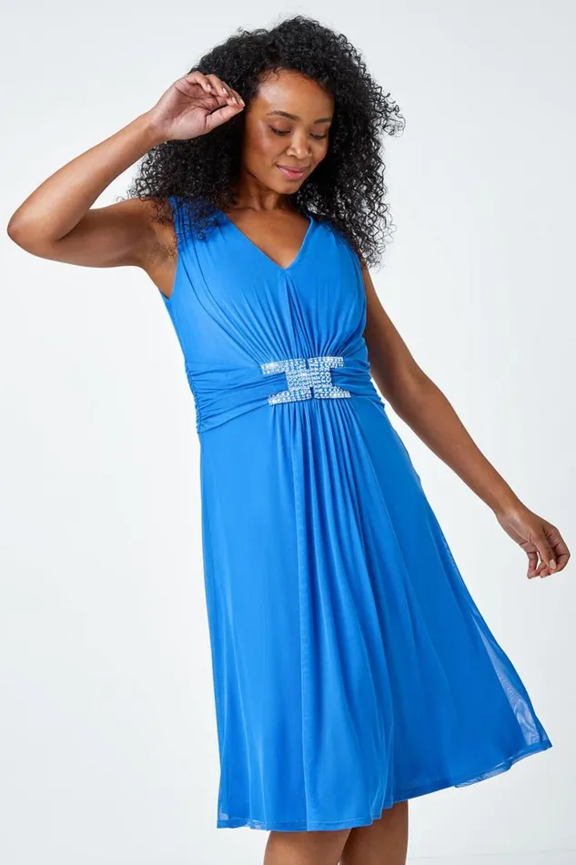 Women Royal Blue Petite Embellished Waist Stretch Chiffon Dress Roman Dresses