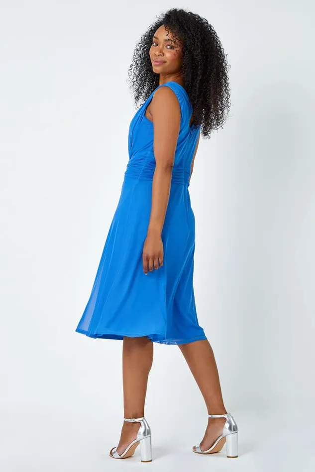Women Royal Blue Petite Embellished Waist Stretch Chiffon Dress Roman Dresses