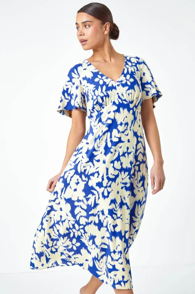 Women Royal Blue Petite Floral Print Midi Dress Roman Dresses