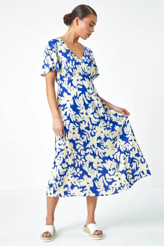 Women Royal Blue Petite Floral Print Midi Dress Roman Dresses