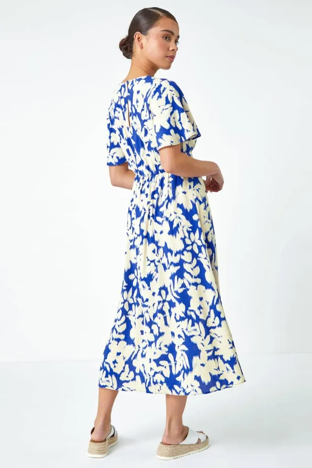 Women Royal Blue Petite Floral Print Midi Dress Roman Dresses