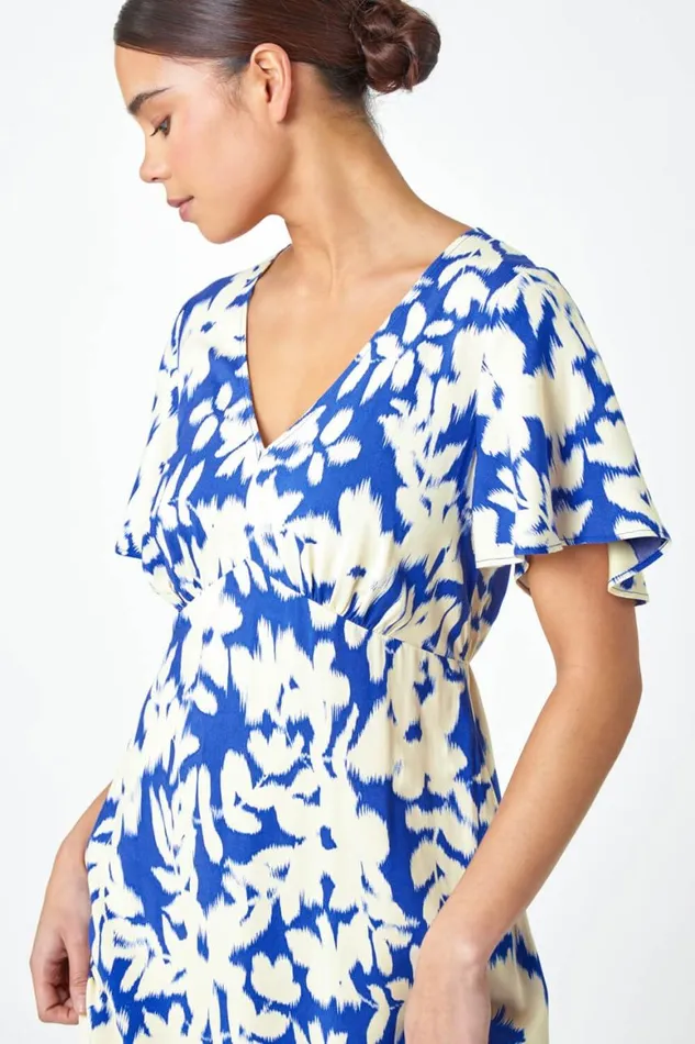 Women Royal Blue Petite Floral Print Midi Dress Roman Dresses