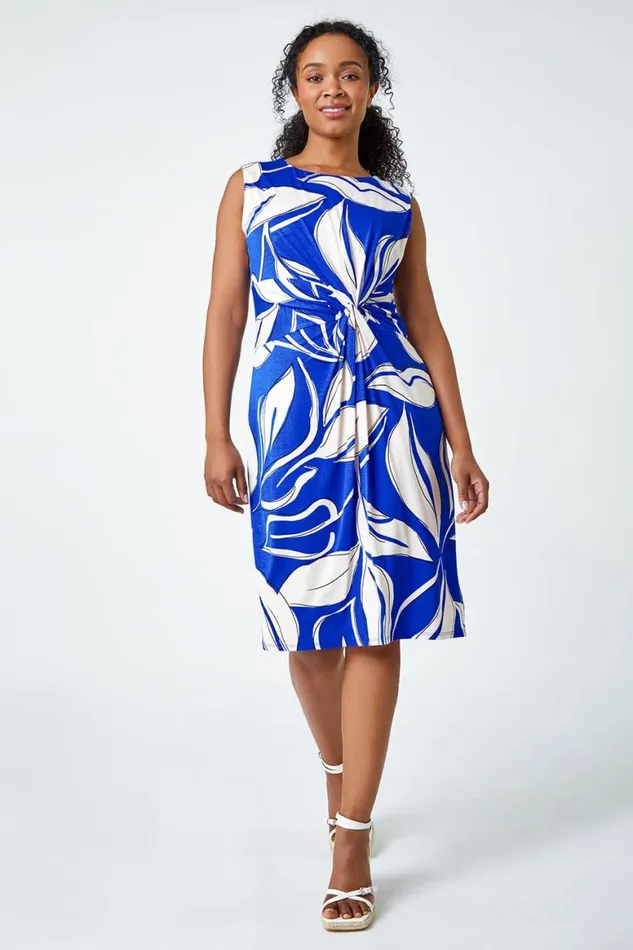 Women Royal Blue Petite Leaf Print Twist Stretch Midi Dress Roman Dresses