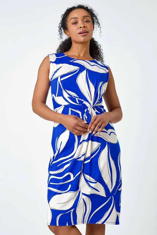Women Royal Blue Petite Leaf Print Twist Stretch Midi Dress Roman Dresses