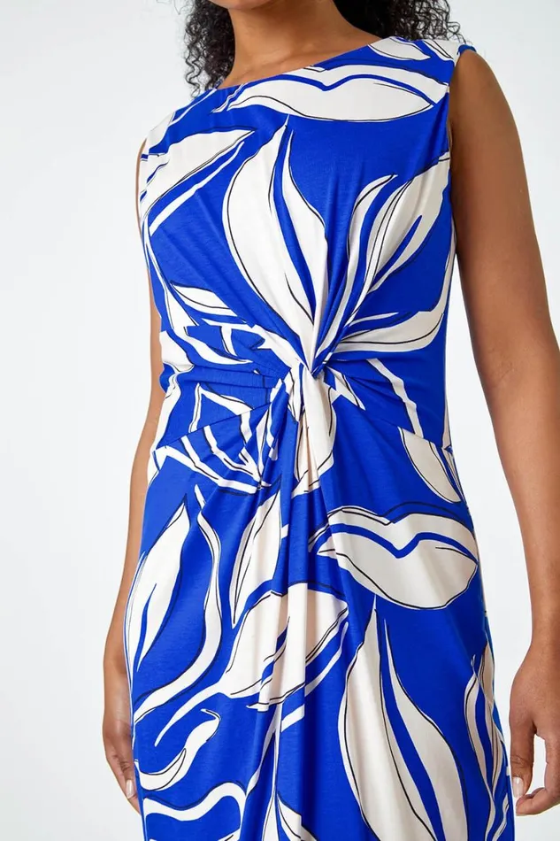 Women Royal Blue Petite Leaf Print Twist Stretch Midi Dress Roman Dresses