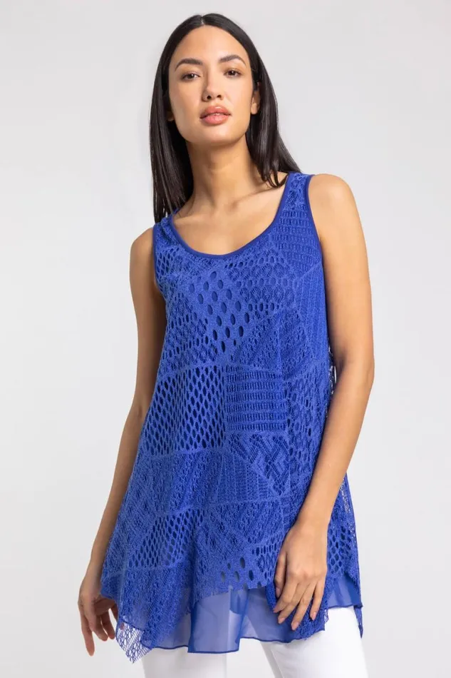 Women Royal Blue Stretch Lace Hanky Hem Vest Top Roman Tops
