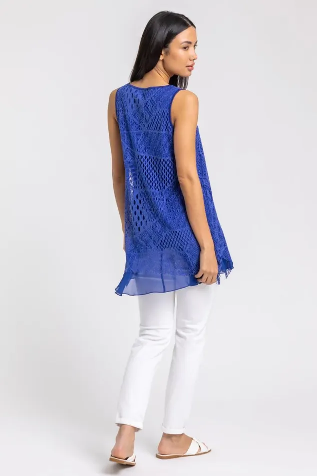 Women Royal Blue Stretch Lace Hanky Hem Vest Top Roman Tops