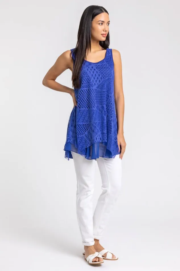 Women Royal Blue Stretch Lace Hanky Hem Vest Top Roman Tops