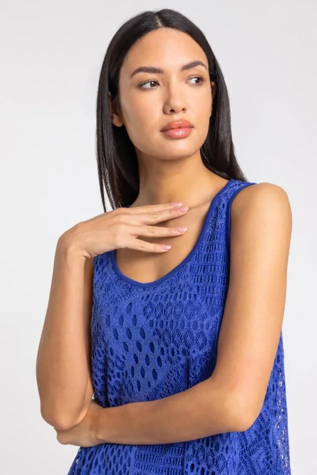 Women Royal Blue Stretch Lace Hanky Hem Vest Top Roman Tops