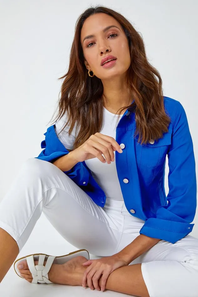 Women Royal Blue Stretch Pocket Detail Jacket Roman Coords