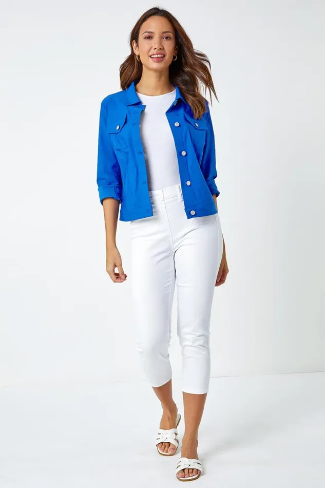 Women Royal Blue Stretch Pocket Detail Jacket Roman Coords