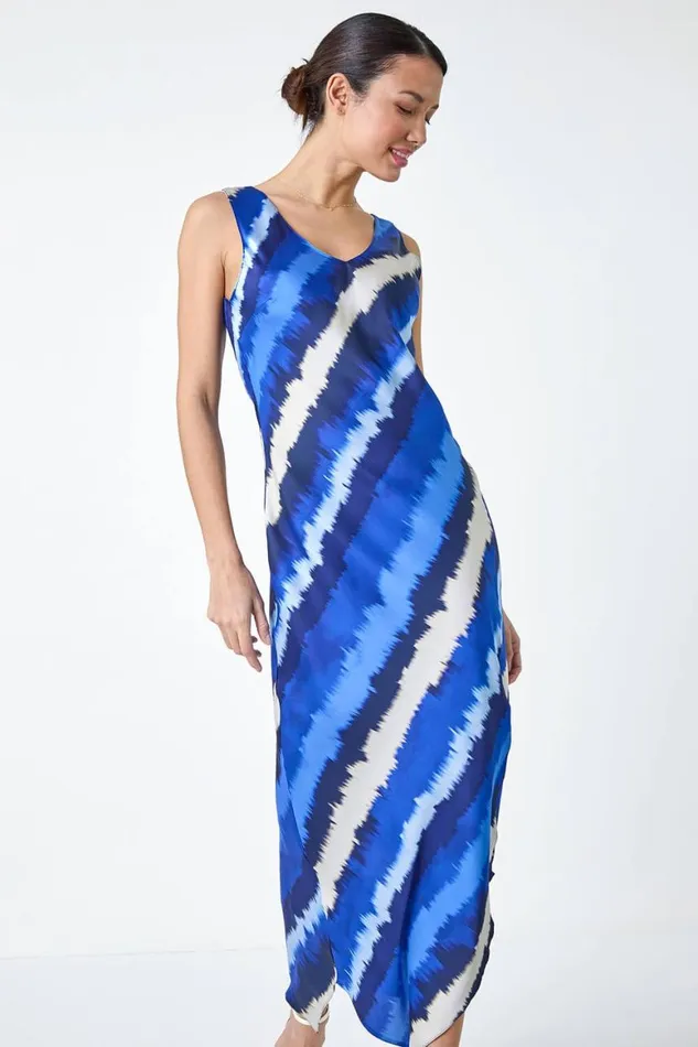 Women Royal Blue Stripe Print Satin Midi Slip Dress Roman Dresses