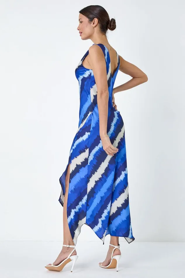 Women Royal Blue Stripe Print Satin Midi Slip Dress Roman Dresses