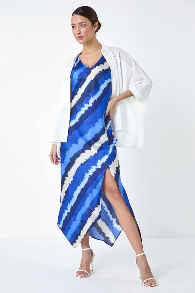 Women Royal Blue Stripe Print Satin Midi Slip Dress Roman Dresses