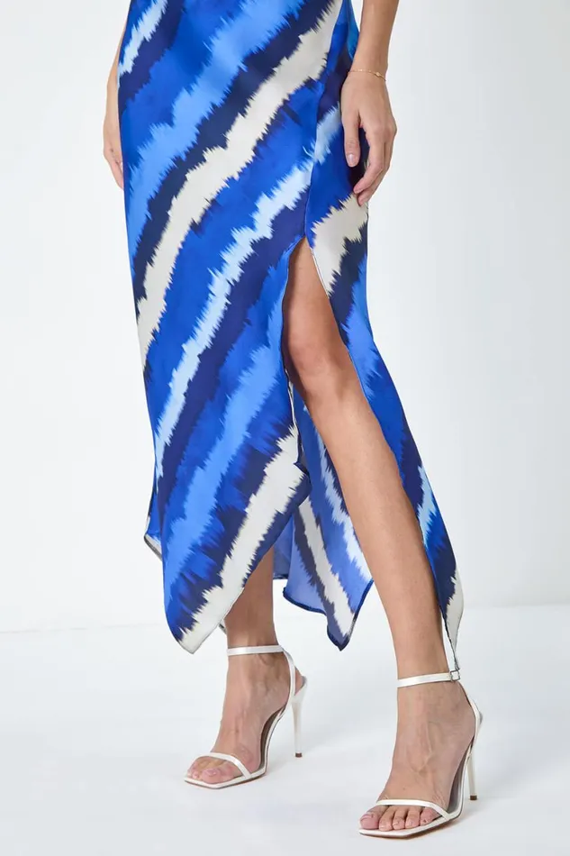 Women Royal Blue Stripe Print Satin Midi Slip Dress Roman Dresses