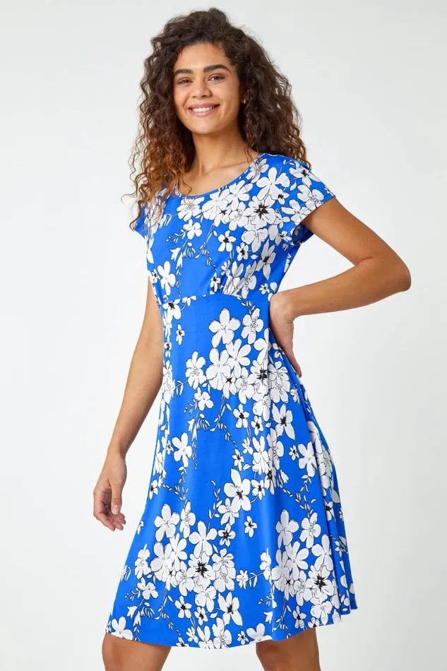 Women Royal Blue Textured Floral Print Tea Dress Roman Dresses