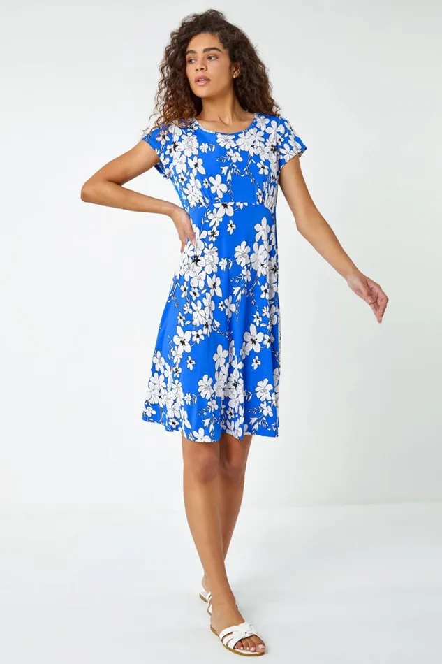 Women Royal Blue Textured Floral Print Tea Dress Roman Dresses