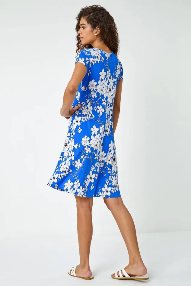 Women Royal Blue Textured Floral Print Tea Dress Roman Dresses