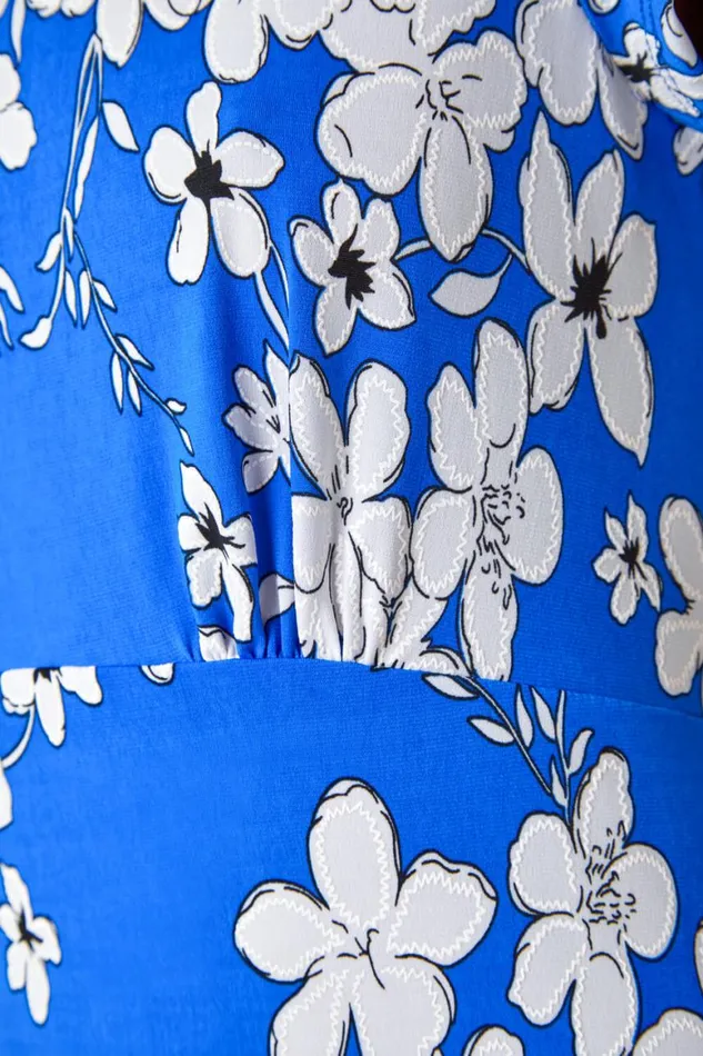 Women Royal Blue Textured Floral Print Tea Dress Roman Dresses