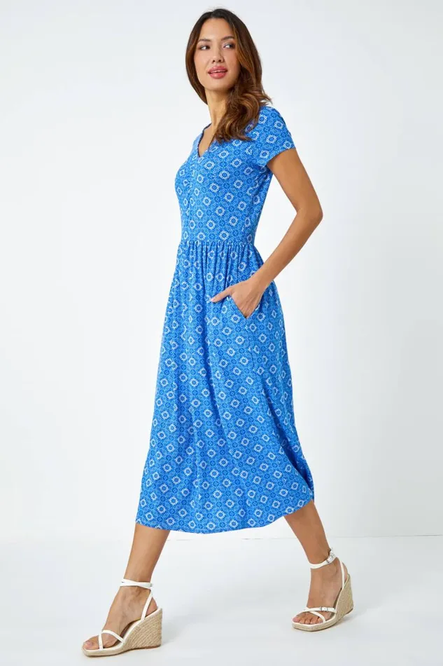 Women Royal Blue Tile Print Midi Stretch Dress Roman Dresses